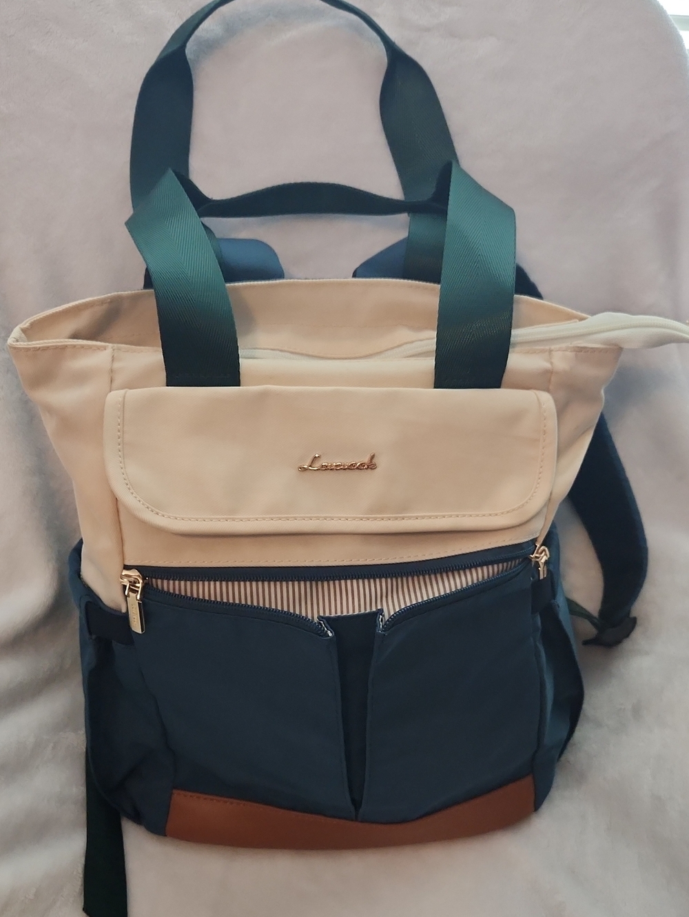Lovevook Blue & Cream Tote Bag with Green Straps